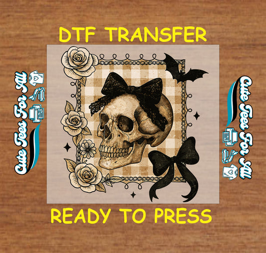 Skull with black bows, roses, bats, and neutral checker background Halloween DTF transfer

