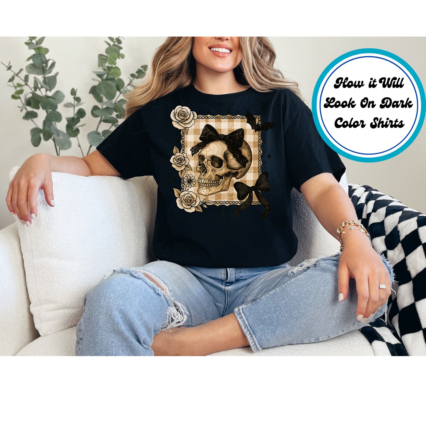 Halloween DTF Transfer Iron On Heat Transfer – Skull with Bows, Roses, and Bats 10657