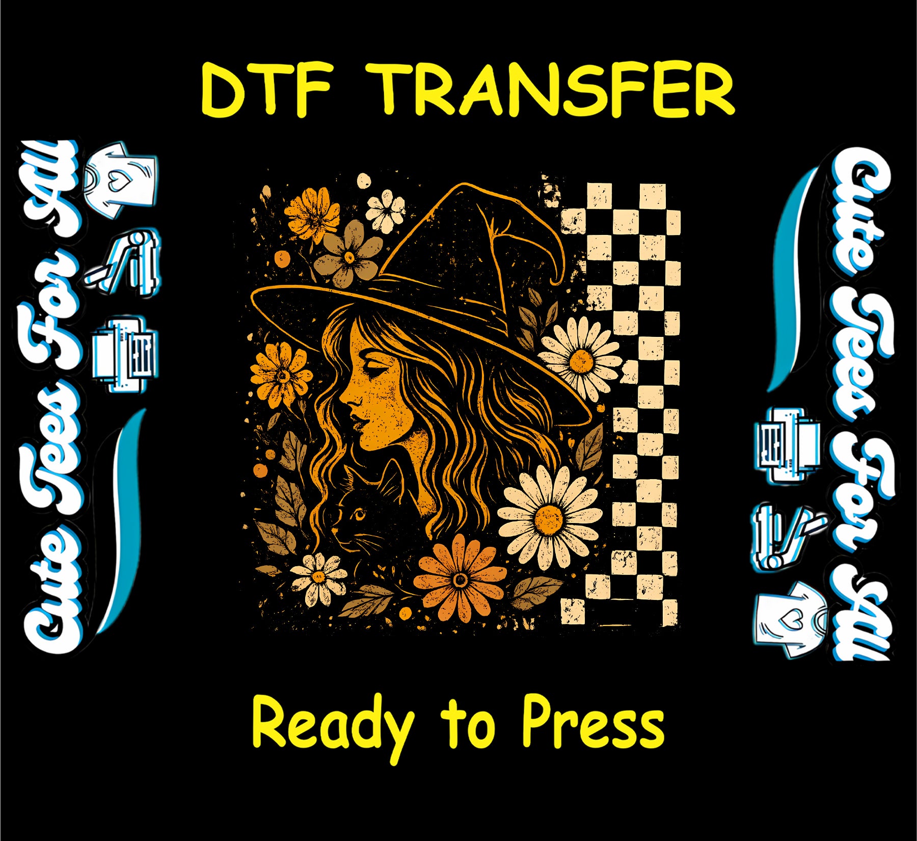 Witch with long hair, black cat, flowers, and checkerboard background Halloween DTF transfer

