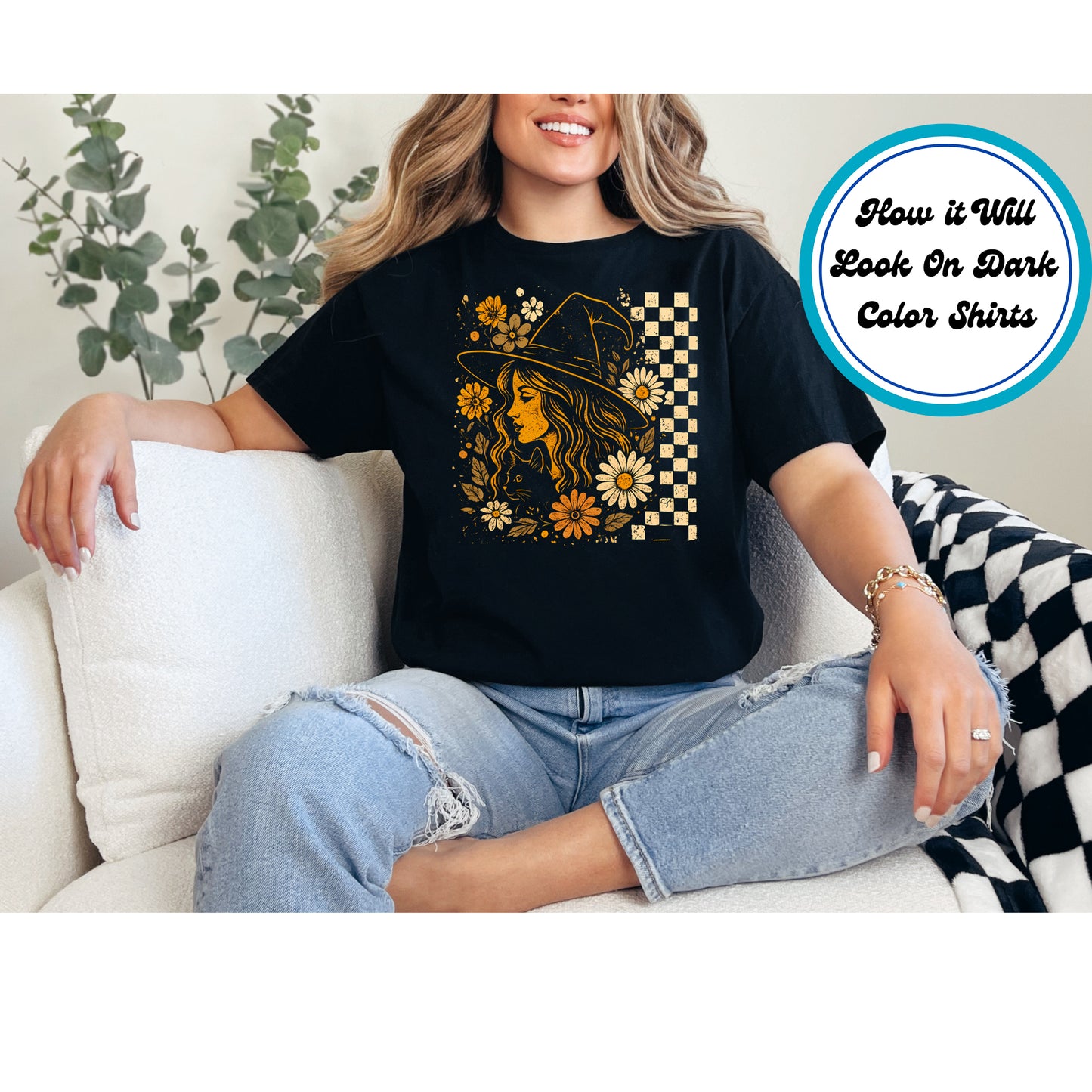 Halloween DTF Transfer Iron On Heat Transfer – Witch with Cat, Flowers, and Checkerboard 10658