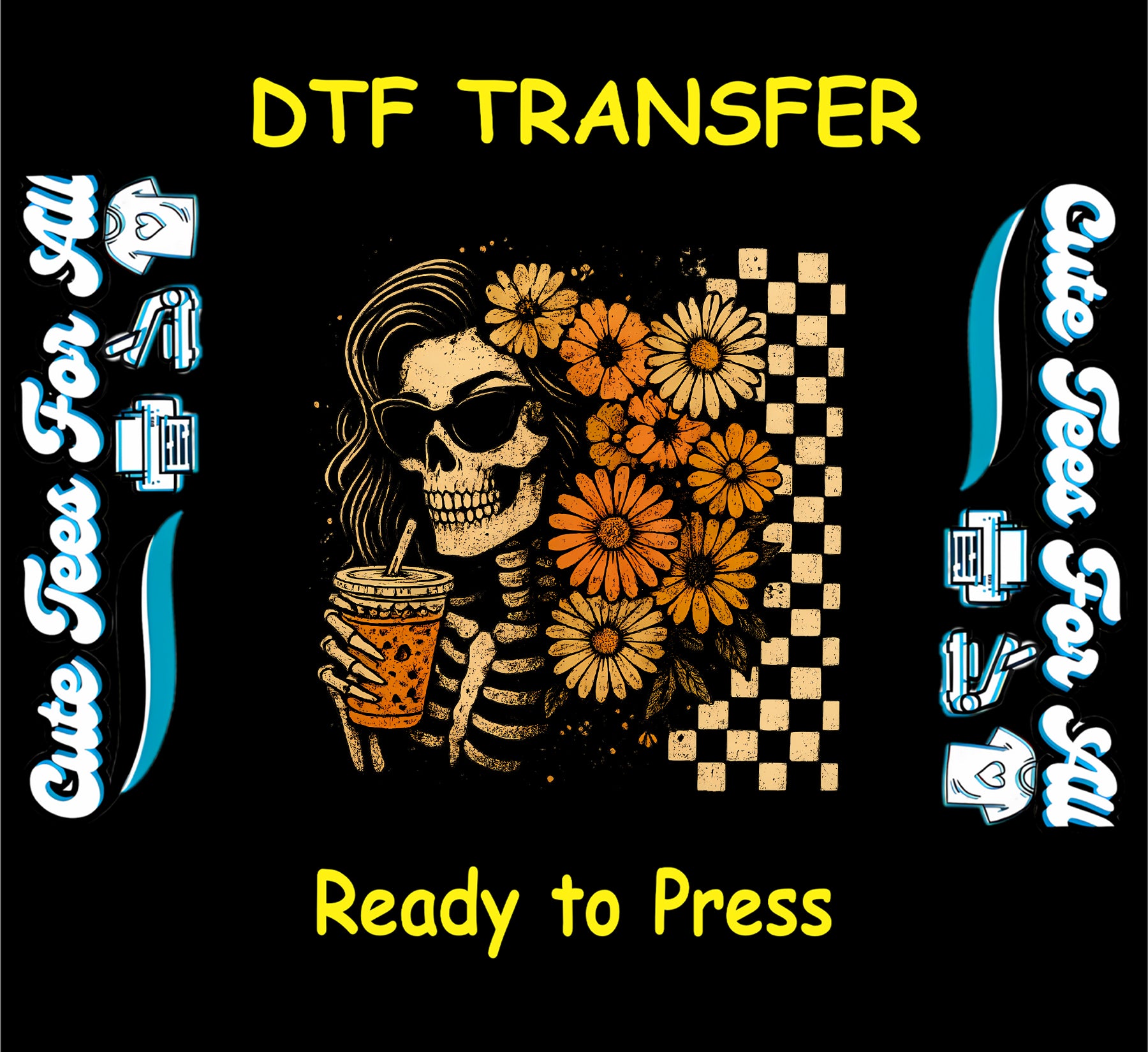 Skeleton girl with drink, orange flowers, and checkerboard background Halloween DTF transfer

