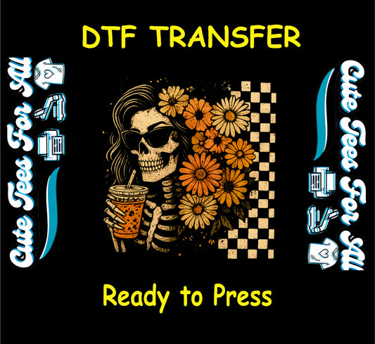 Skeleton girl with drink, orange flowers, and checkerboard background Halloween DTF transfer

