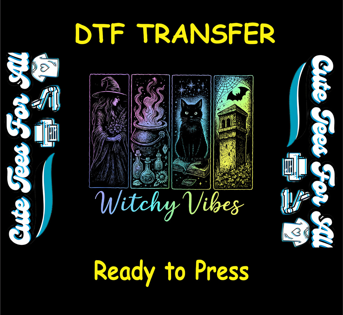 Witch, cauldron, cat, tower, and Witchy Vibes text in rainbow gradient Halloween DTF transfer

