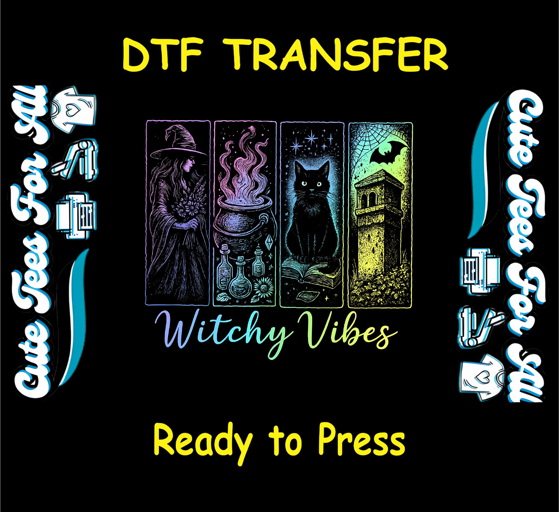 Witch, cauldron, cat, tower, and Witchy Vibes text in rainbow gradient Halloween DTF transfer

