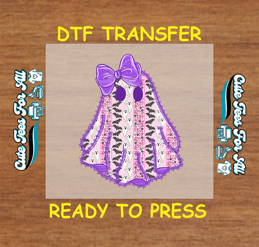Halloween DTF transfer featuring a girly ghost with floral and bat patterns and a purple bow

