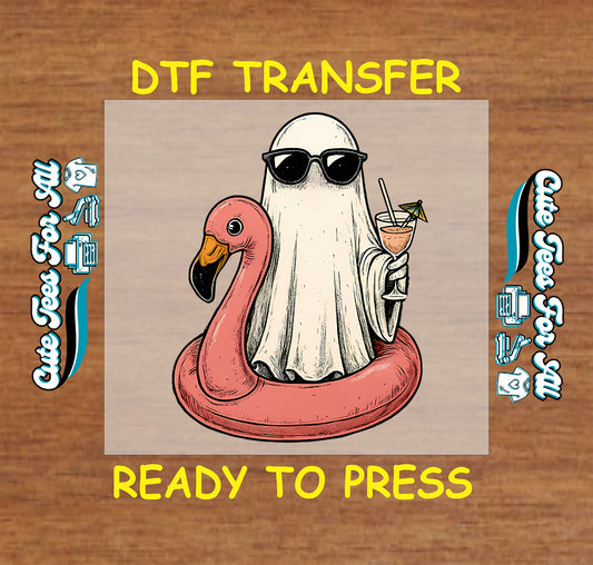 DTF transfer of a ghost wearing sunglasses in flamingo float holding a drink with Halloween and summer theme


