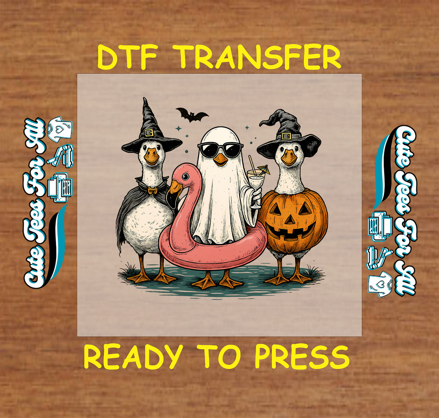 Halloween DTF transfer with ducks in costumes, ghost in flamingo float with drink, witch hat, and jack-o'-lantern

