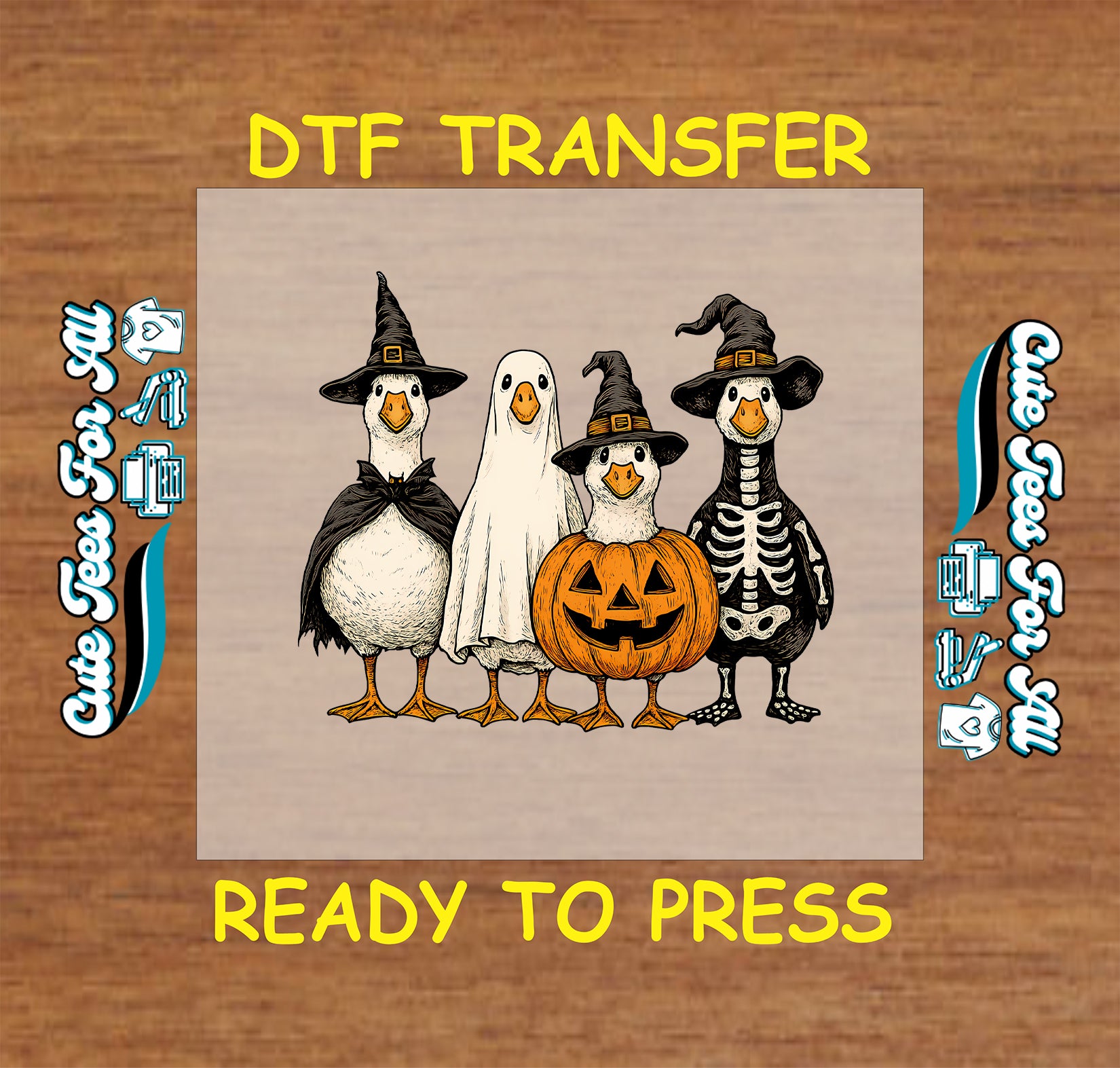 DTF transfer with four ducks in Halloween costumes: witch, ghost, pumpkin, and skeleton

