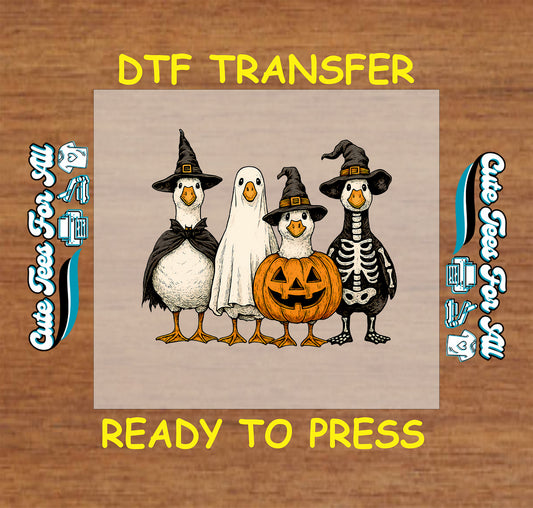 DTF transfer with four ducks in Halloween costumes: witch, ghost, pumpkin, and skeleton

