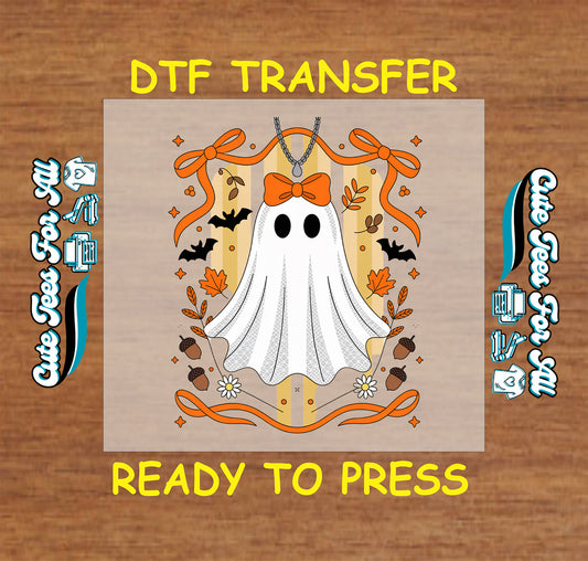 DTF transfer with cute ghost wearing bow and necklace, surrounded by bats, leaves, acorns, and ribbon

