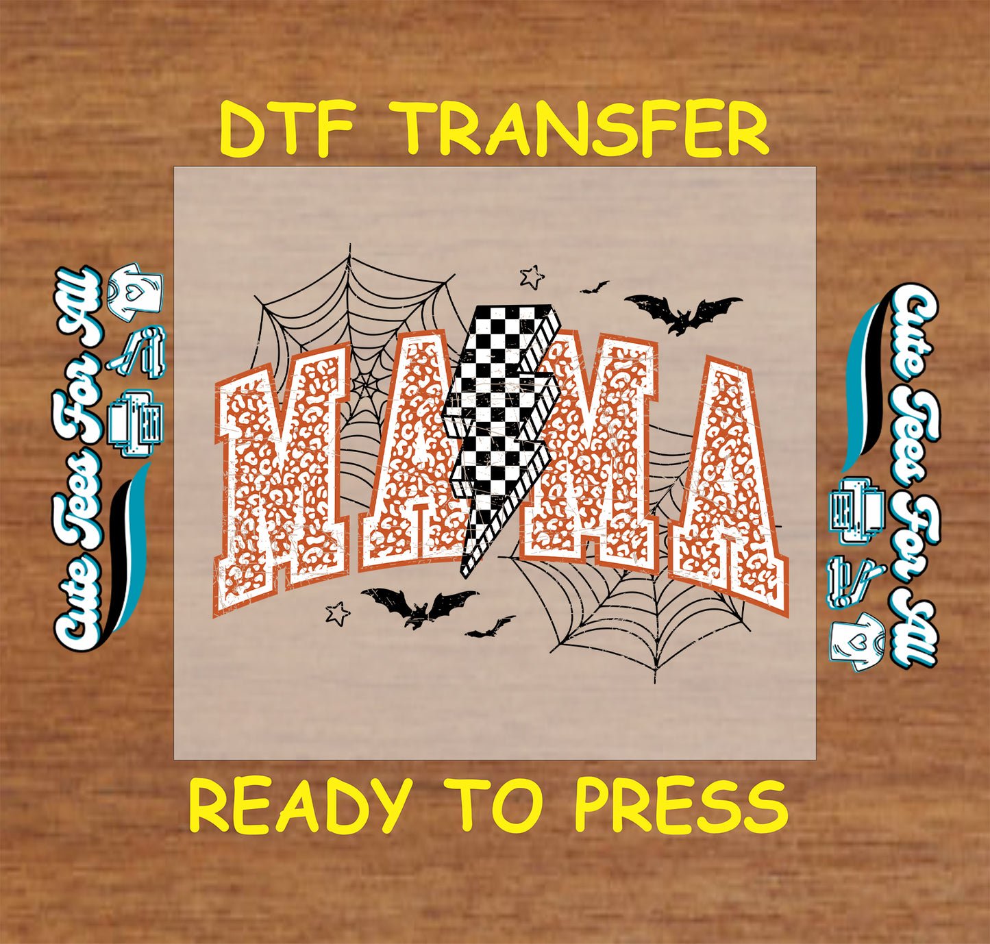 DTF transfer with “MAMA” in orange leopard print, checkered lightning bolt, spiderwebs, and bats

