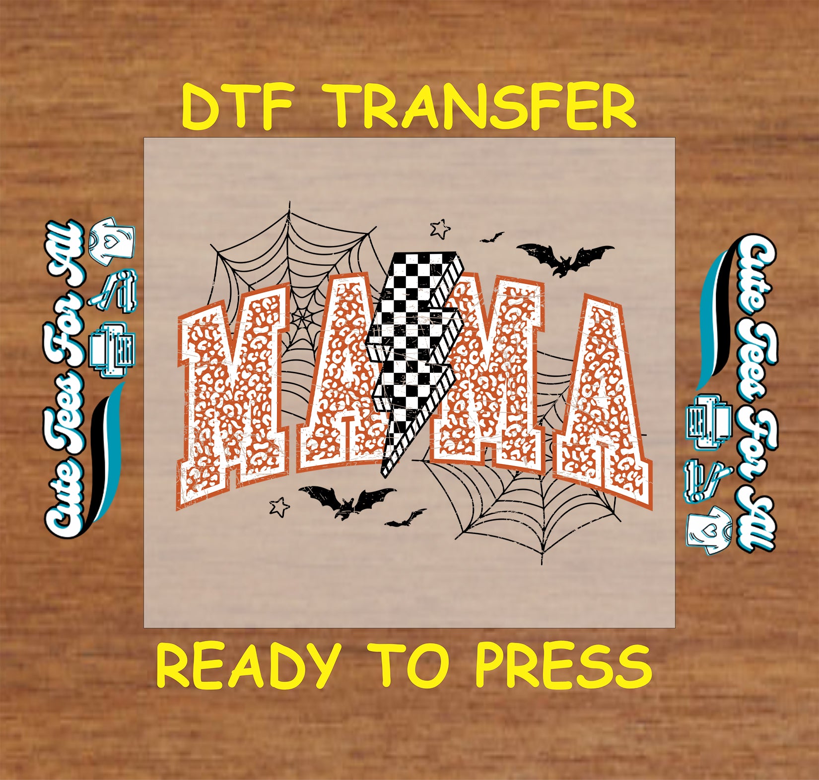 DTF transfer with “MAMA” in orange leopard print, checkered lightning bolt, spiderwebs, and bats

