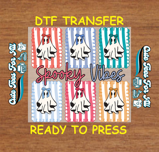 DTF transfer with “Spooky Vibes” text, eight ghosts with bows on striped backgrounds in multiple colors

