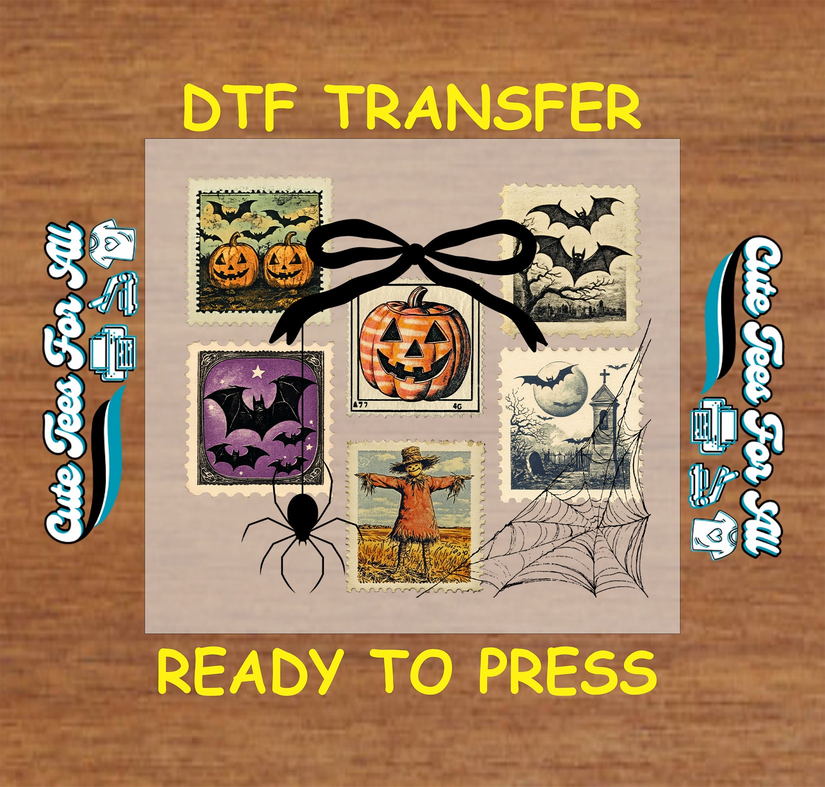 DTF transfer with vintage Halloween postage stamps featuring bats, pumpkins, scarecrow, moon, spider, and bow

