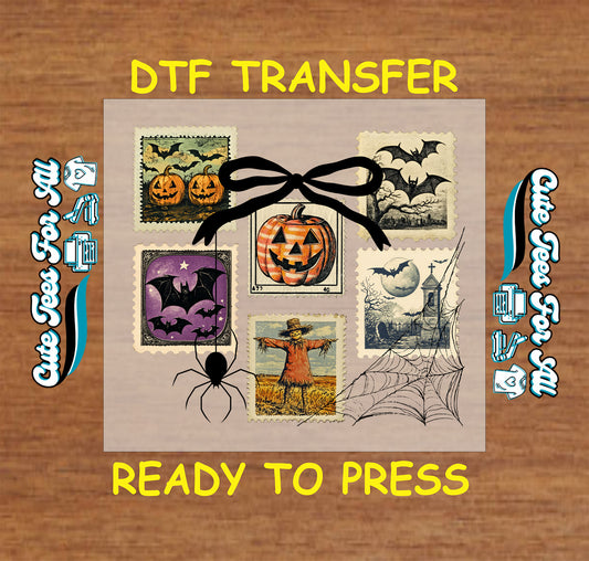 DTF transfer with vintage Halloween postage stamps featuring bats, pumpkins, scarecrow, moon, spider, and bow

