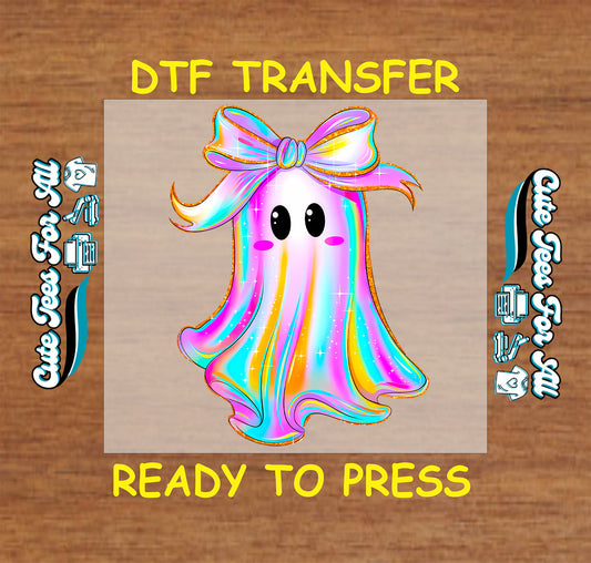 Colorful rainbow ghost with large bow, ready to press Halloween DTF transfer

