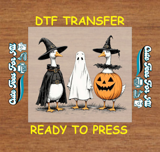 Three ducks in Halloween costumes: witch, ghost, and pumpkin, ready to press DTF transfer

