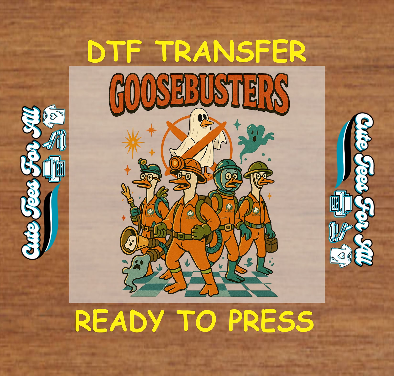 Four ducks in orange ghostbuster outfits with ghost illustrations and “Goosebusters” text

