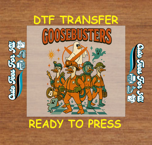 Four ducks in orange ghostbuster outfits with ghost illustrations and “Goosebusters” text

