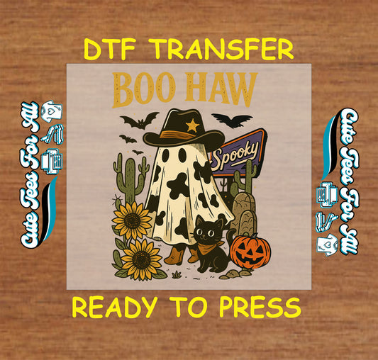 Cow print ghost wearing cowboy hat with cat, pumpkins, sunflowers, and “Boo Haw” text

