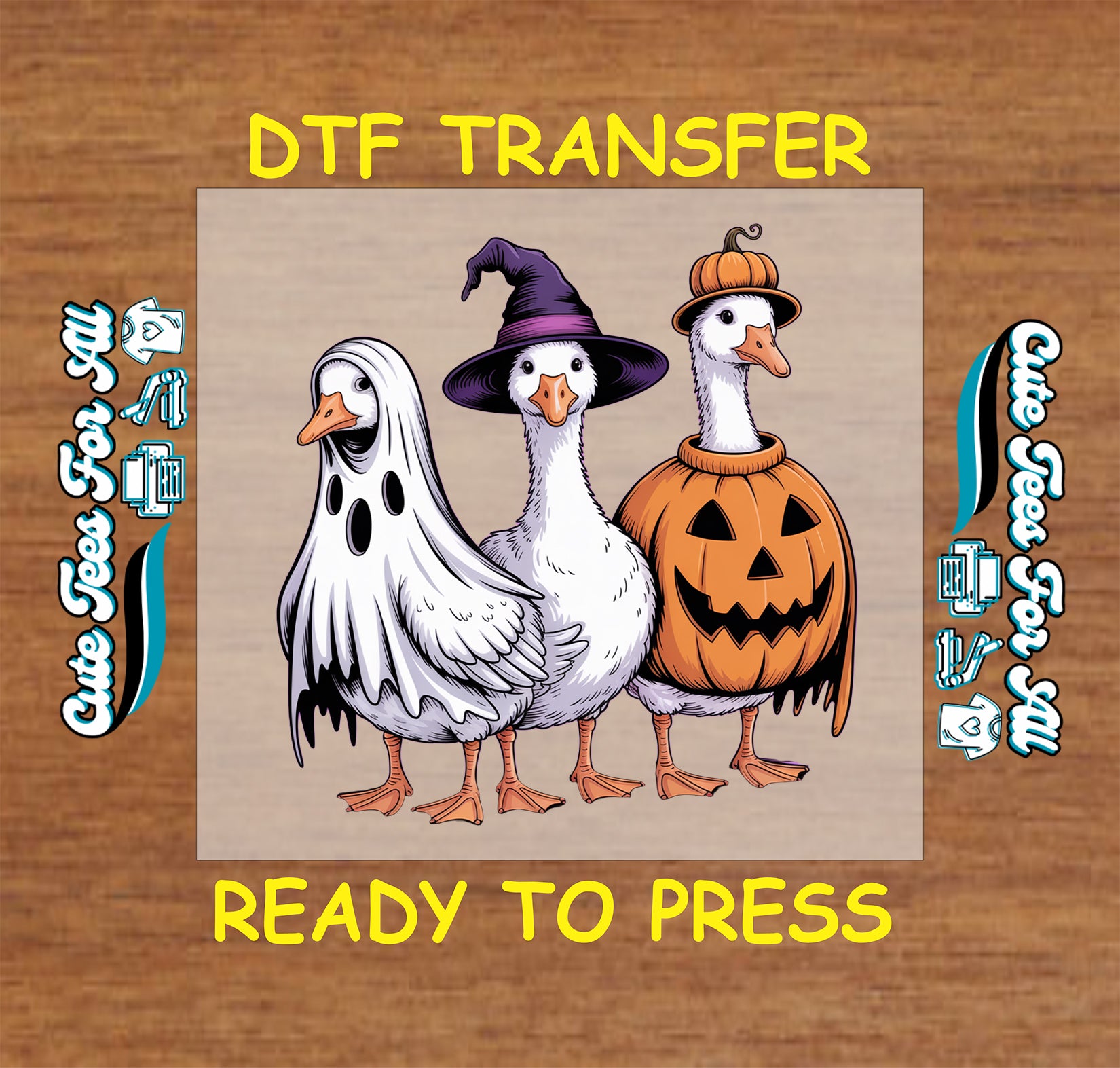 Three geese dressed as ghost, witch, and pumpkin in Halloween DTF transfer

