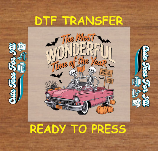 Two skeletons in pink convertible with books, pumpkins, bats, and Halloween text

