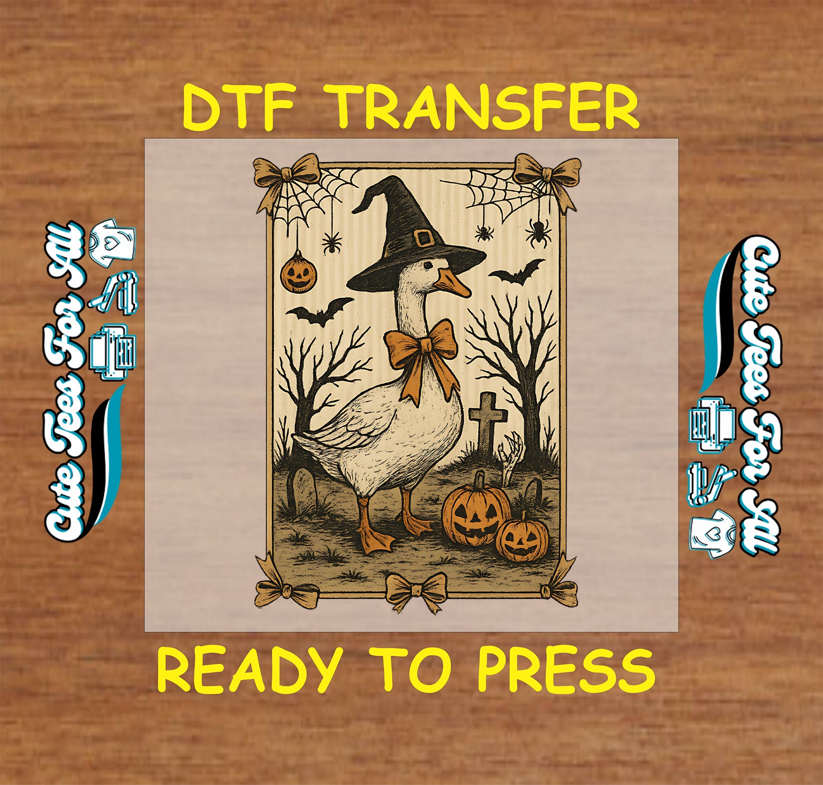Vintage goose in witch hat and bow with pumpkins, bats, and graveyard Halloween DTF transfer

