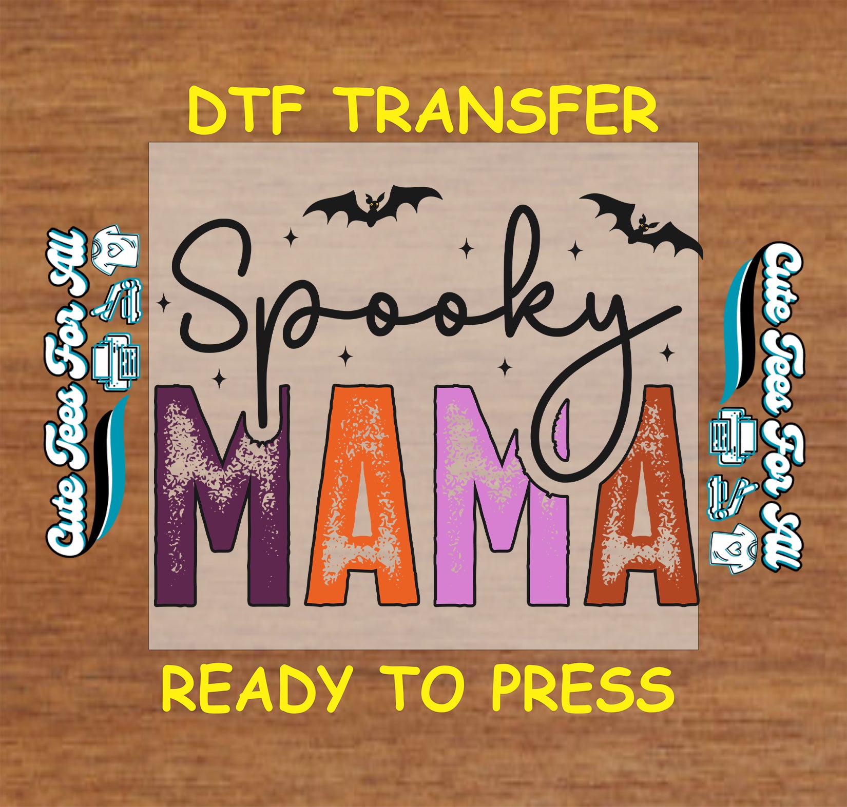Spooky Mama text in colorful block letters with stars and bats, Halloween DTF transfer

