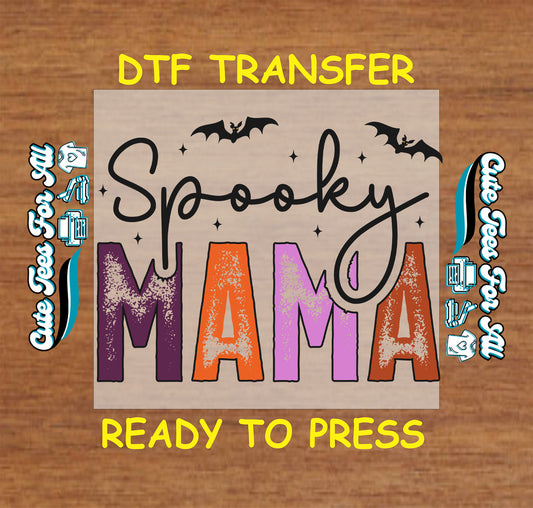 Spooky Mama text in colorful block letters with stars and bats, Halloween DTF transfer

