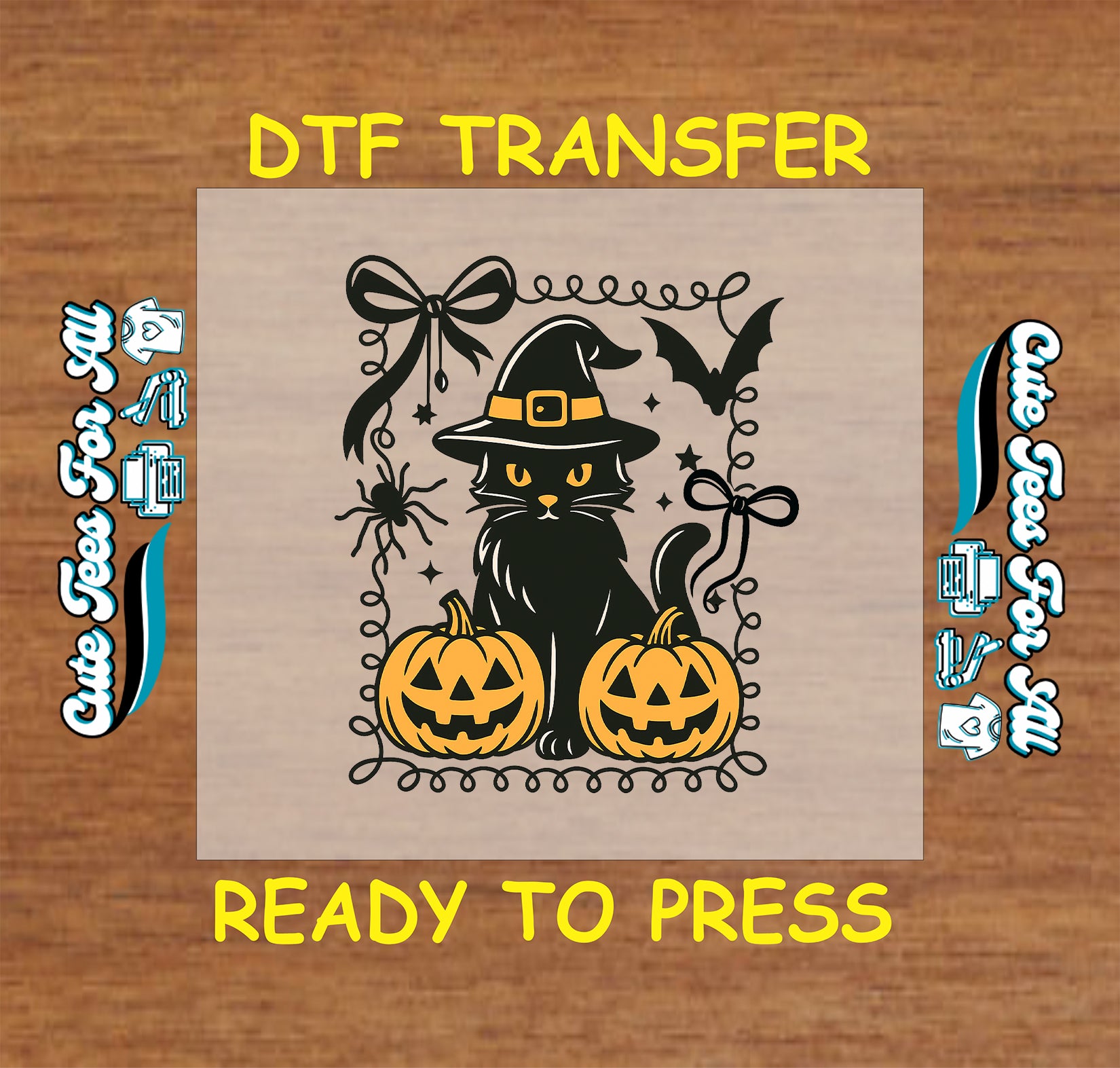 Black cat in witch hat with jack-o’-lanterns, bats, spiderwebs, and bows, Halloween DTF transfer

