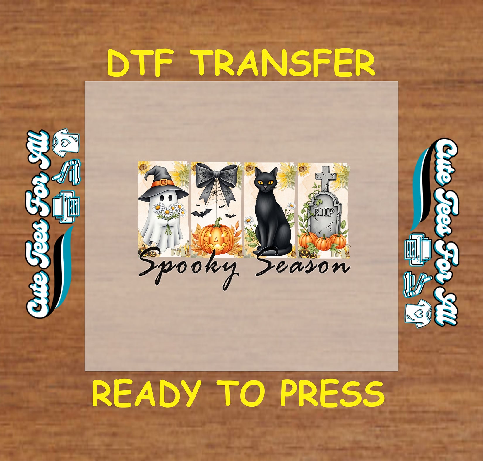 Ghost, pumpkin, black cat, bow, and tombstone with sunflowers and “Spooky Season” text

