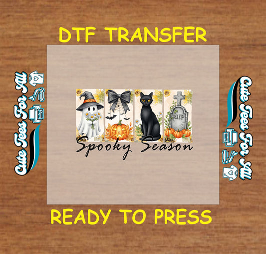 Ghost, pumpkin, black cat, bow, and tombstone with sunflowers and “Spooky Season” text

