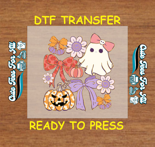 Cute ghost with bow surrounded by pumpkins, flowers, and ribbons on Halloween DTF transfer
