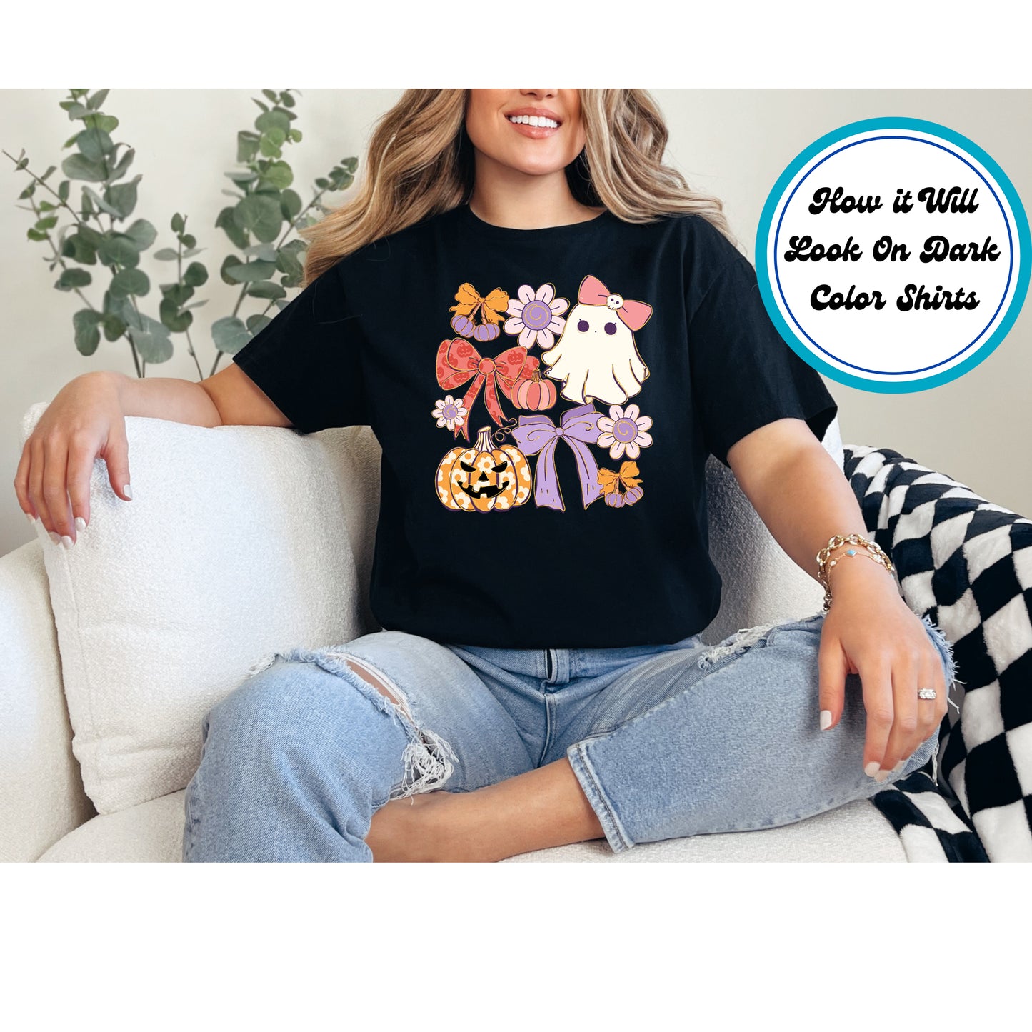 Halloween DTF Transfer Iron On Heat Transfer Ghost Bows Pumpkins and Flowers  - Ready to Press Design 10697