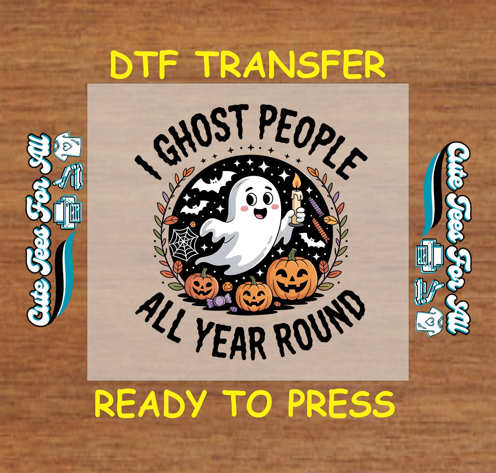 Smiling ghost holding candle with pumpkins and stars, text reads “I Ghost People All Year Round”

