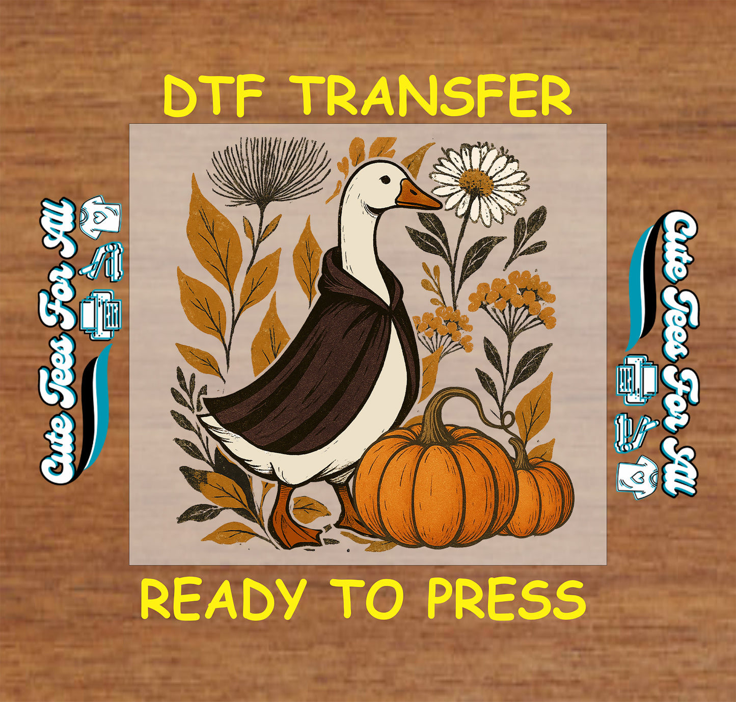 Goose wearing cape with pumpkins and fall flowers on rustic Halloween DTF transfer

