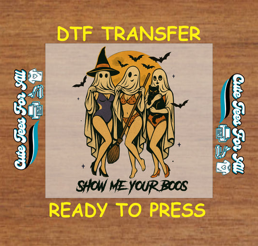 Three retro-style ghosts in swimsuits with “Show Me Your Boos” text, moon, and bats on Halloween DTF transfer