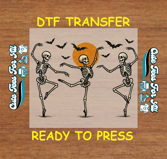 Three dancing skeletons with bats and orange moon in Halloween DTF transfer

