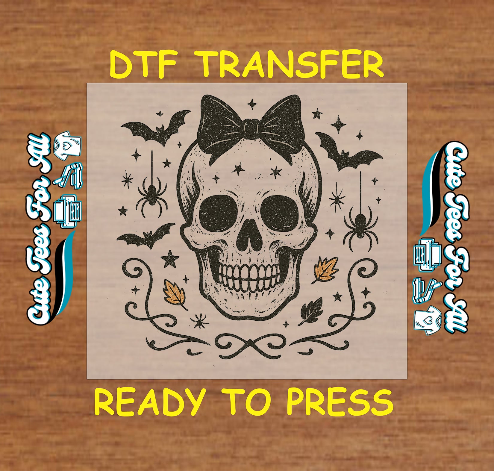 Grinning skull with bow surrounded by bats, spiders, leaves, and stars on Halloween DTF transfer

