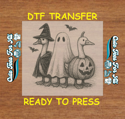 Sketch-style Halloween DTF transfer with witch duck, ghost duck, and pumpkin duck

