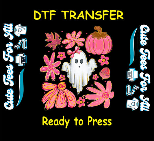 Cute ghost with pink bow surrounded by pink flowers, pumpkin, and fall leaves on Halloween DTF transfer

