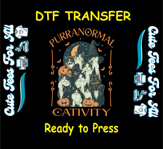 Halloween DTF transfer with black and white cats in witch hats and pumpkins under moon with “Purranormal Cativity” text
