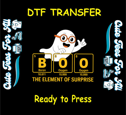Ghost with glasses pointing at periodic table spelling BOO, Halloween DTF transfer

