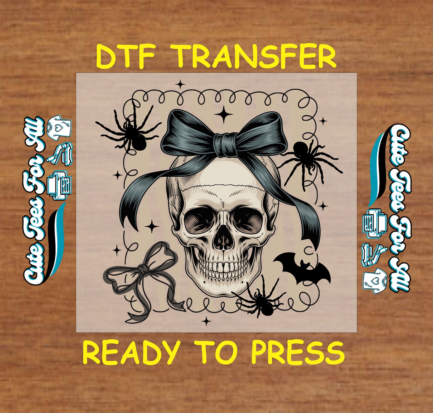 Skull with black bow surrounded by spiders, bats, and stars, Halloween DTF transfer

