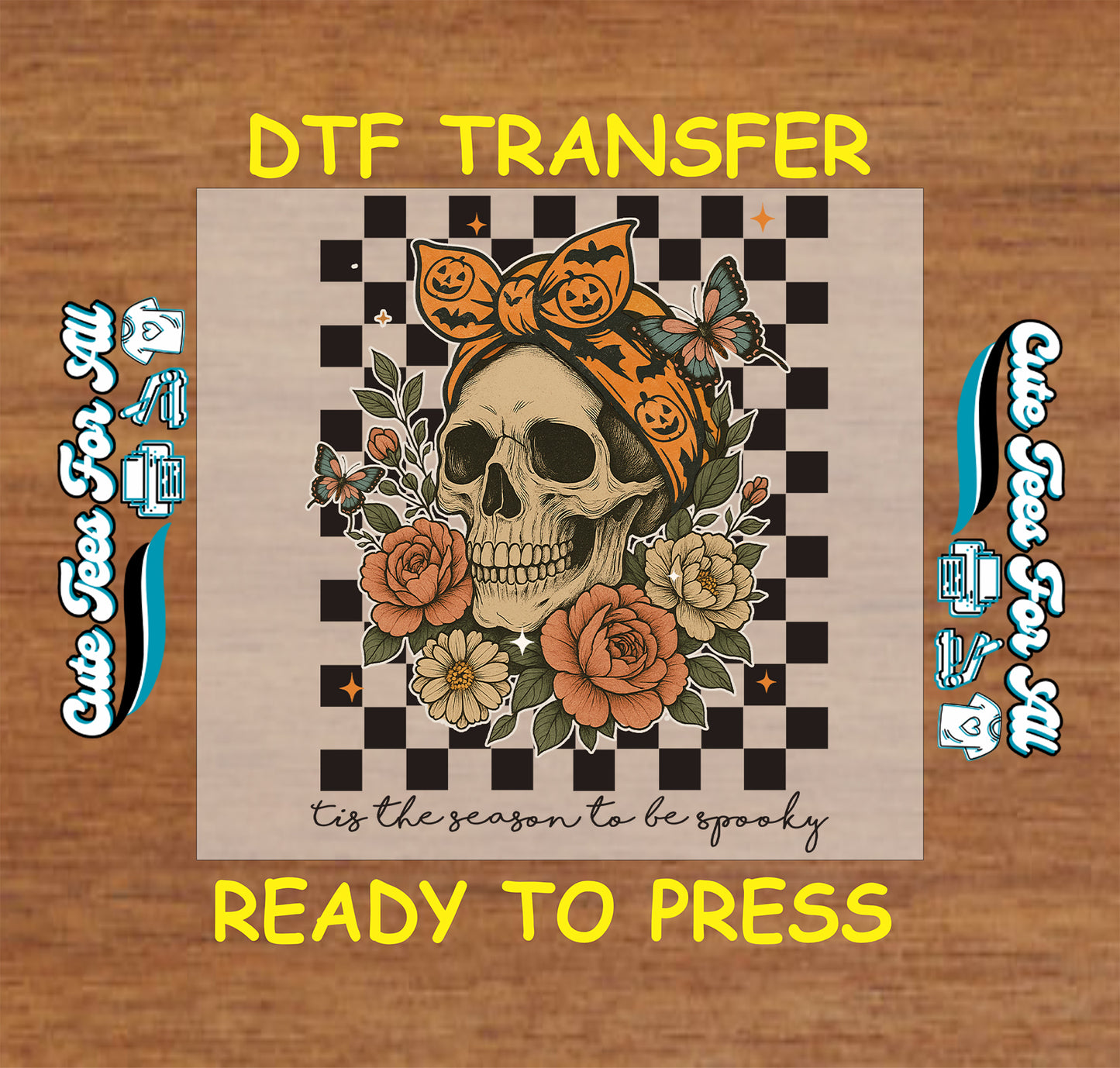Skull with pumpkin headwrap surrounded by flowers and butterflies on checkerboard background

