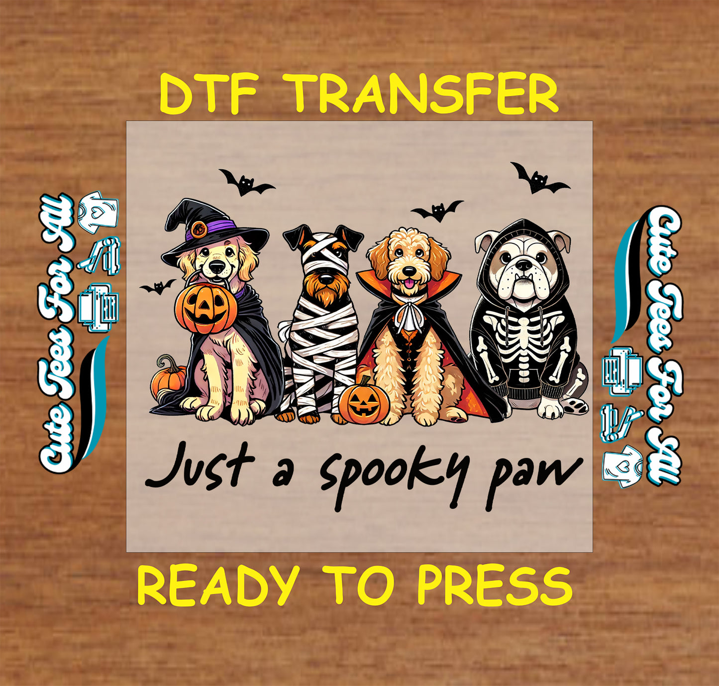 Four dogs in Halloween costumes with pumpkins and bats, text reads “Just a spooky paw”

