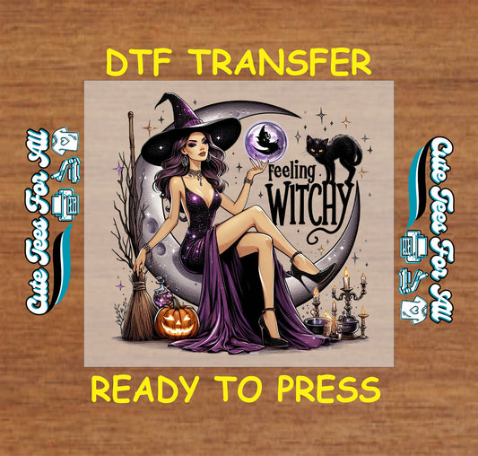 Glamorous witch in purple with cat and moon, “Feeling Witchy” Halloween DTF transfer

