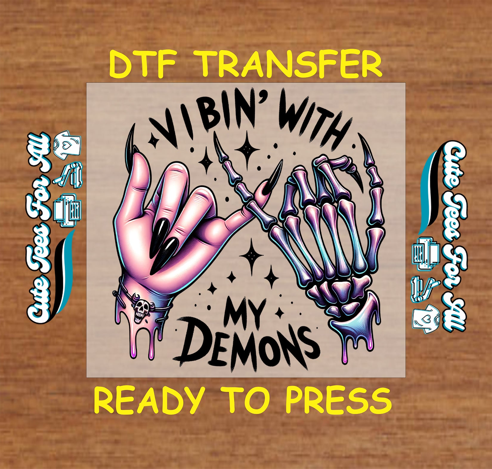 Skeleton and goth hand pinky promise with “Vibin’ With My Demons” text and sparkles

