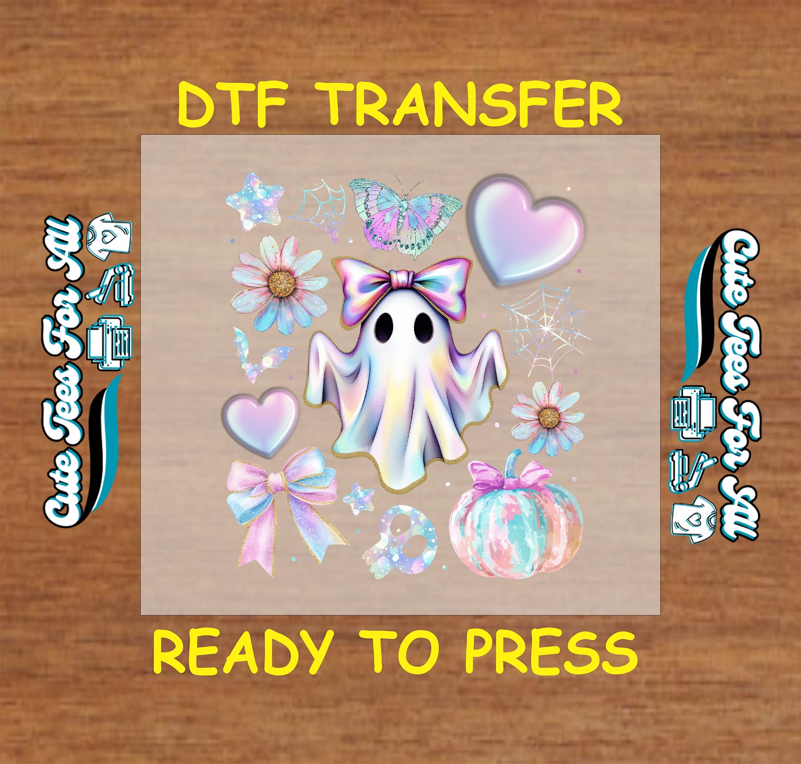 Pastel ghost with pink bow surrounded by hearts, flowers, butterflies, and pumpkin

