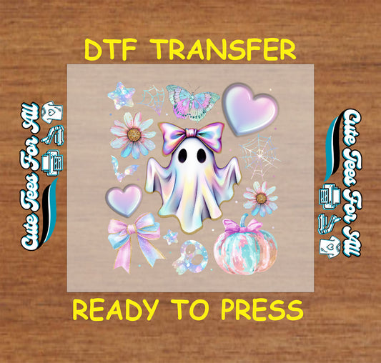 Pastel ghost with pink bow surrounded by hearts, flowers, butterflies, and pumpkin

